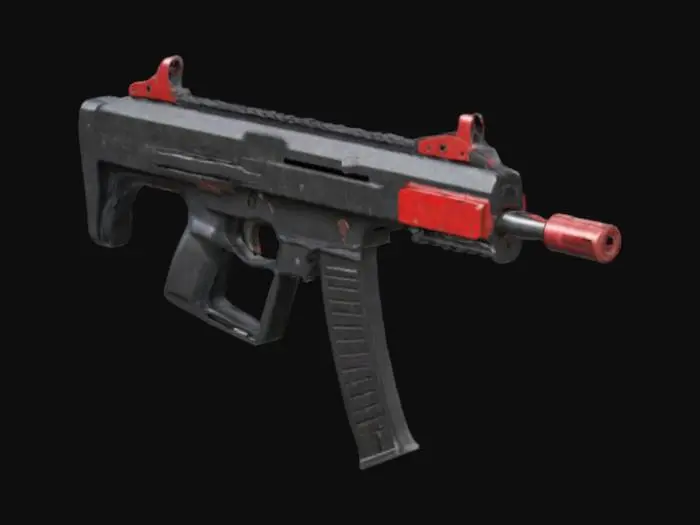 3D model for make a semi auto gun that has a mag and arm rest with a factory clean texture that's black with a little red on it