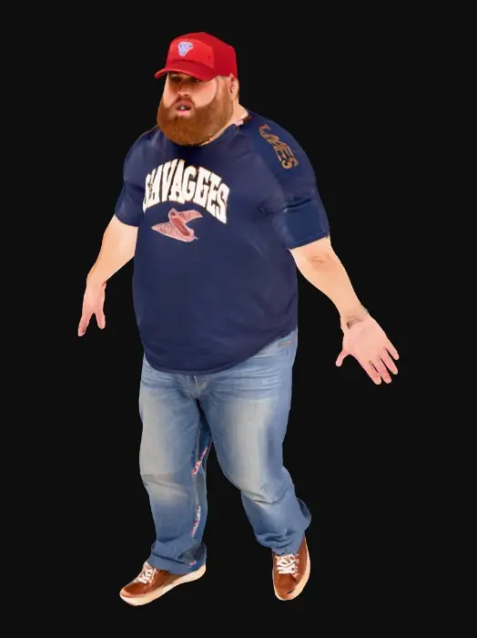 3D model for I need a white, slightly overweight american male in a red baseball hat in a pose wearing a shirt that says "Savages" football team and jeans