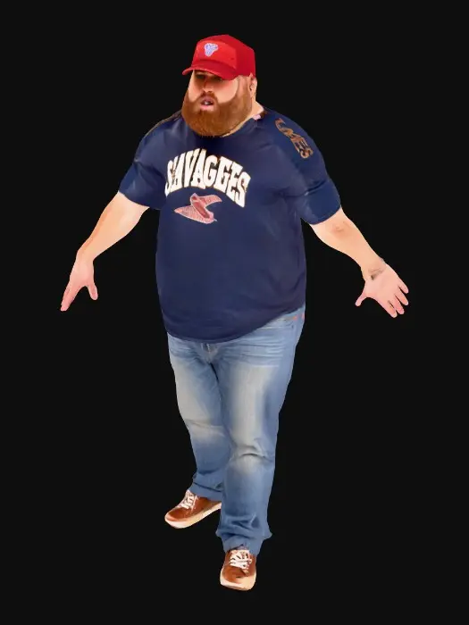 3D model for I need a white, slightly overweight american male in a red baseball hat in a pose wearing a shirt that says "Savages" football team and jeans