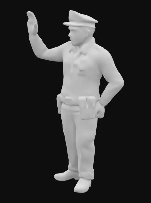 3D model for A traffic policeman stands waving his left arm, wearing a brown-black shirt and pants.
