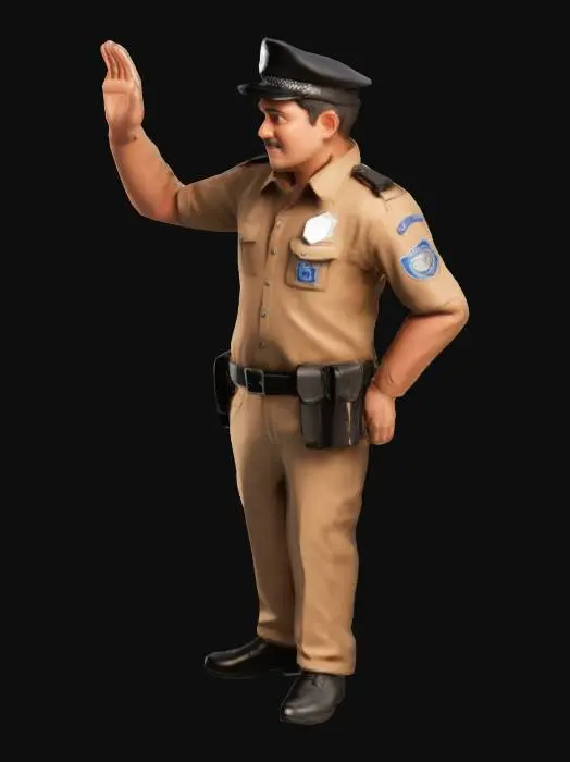 3D model for A traffic policeman stands waving his left arm, wearing a brown-black shirt and pants.