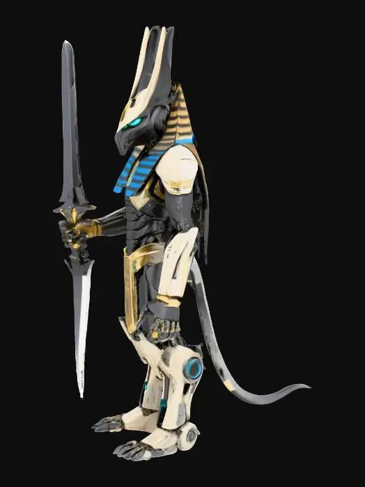 3D model for Egyptian sci-fi robot anubis bulky, with a blade in the hand