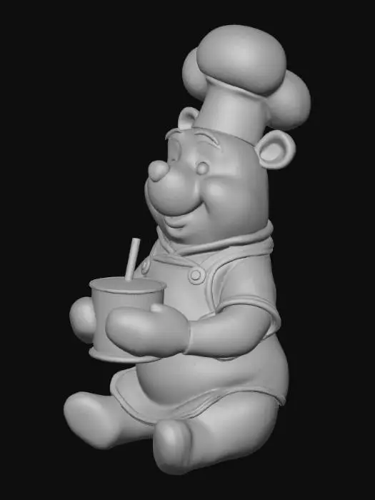 3D model for Winnie The Pooh sitting, using chef hat, using appron, while holding a glass with both hands, and add a straw to the glass