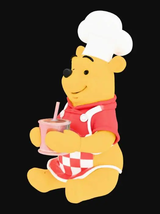 3D model for Winnie The Pooh sitting, using chef hat, using appron, while holding a glass with both hands, and add a straw to the glass
