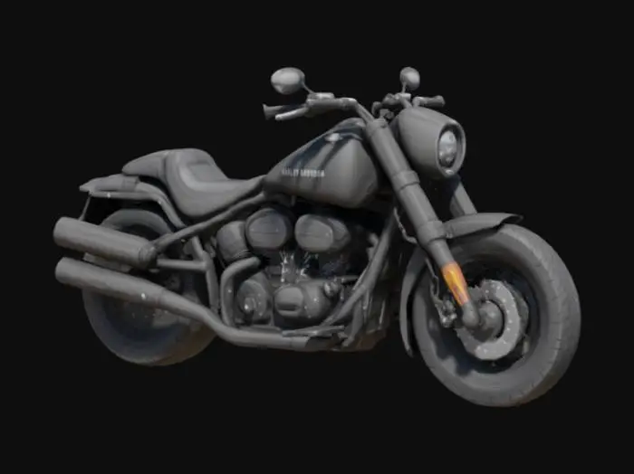 3D model for realistic 3d model of a harley davidson fat bob 114 motorcycle, iconic horizontal rectangular LED headlight, T-bar handlebar, dual side exhaust pipes, muscular fuel tank, wide rear tire, black matte paint, low cruiser stance, exposed engine details, modern style, clean geometry, render ready