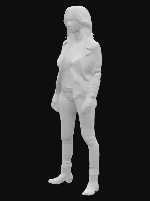 3D model for Yüksek detaylı, gerçekçi bir kadın karakter modeli. 25-30 yaşlarında, simetrik yüz hatlarına sahip. Gözler, gerçekçi ışık yansımaları ile derinlik hissi vermeli. Saçlar, hafif dalgalı ve omuz hizasında. Karakter, nötr bir yüz ifadesine sahip olmalı ve yüz kasları animasyona uygun topolojiye sahip şekilde oluşturulmalı. Giysi olarak, hafif kumaş dokusuna sahip, vücuda tam oturan bir deri ceket ve sade bir tişört.