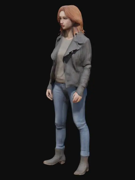 3D model for Yüksek detaylı, gerçekçi bir kadın karakter modeli. 25-30 yaşlarında, simetrik yüz hatlarına sahip. Gözler, gerçekçi ışık yansımaları ile derinlik hissi vermeli. Saçlar, hafif dalgalı ve omuz hizasında. Karakter, nötr bir yüz ifadesine sahip olmalı ve yüz kasları animasyona uygun topolojiye sahip şekilde oluşturulmalı. Giysi olarak, hafif kumaş dokusuna sahip, vücuda tam oturan bir deri ceket ve sade bir tişört.