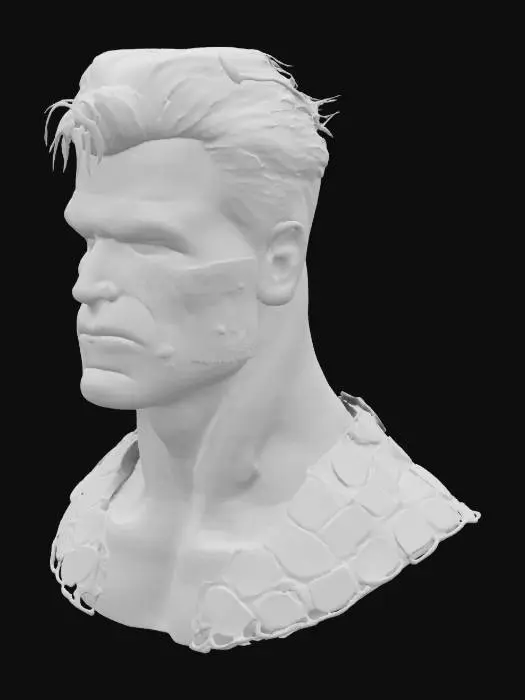 3D model for 1984 yapımı The Terminator filmindeki Arnold Schwarzenegger’in yüz hatlarına sahip, güçlü çene yapısı, belirgin elmacık kemikleri ve detaylı yüz kas yapısı. Cilt, hafif sert bir dokuya sahip 80’ler tarzı kısa ve geriye doğru taranmış, hafif dağınık görünümde. Karakterin yüzünün sol tarafı hasar görmüş, metalik iskeleti ve mekanik parçaları görünür olmalı.