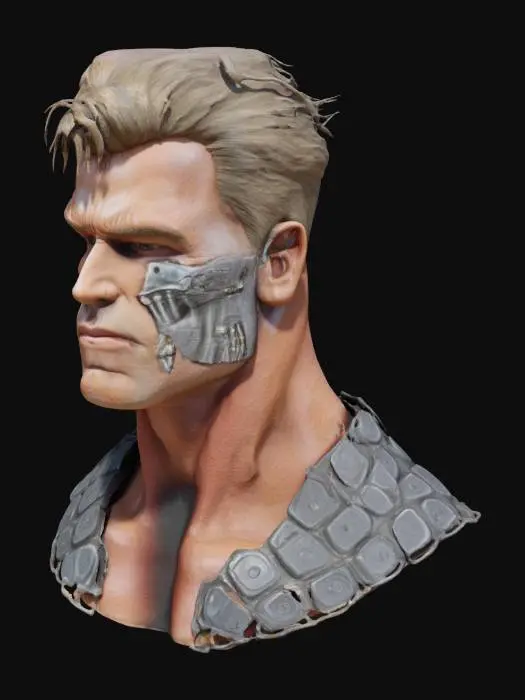 3D model for 1984 yapımı The Terminator filmindeki Arnold Schwarzenegger’in yüz hatlarına sahip, güçlü çene yapısı, belirgin elmacık kemikleri ve detaylı yüz kas yapısı. Cilt, hafif sert bir dokuya sahip 80’ler tarzı kısa ve geriye doğru taranmış, hafif dağınık görünümde. Karakterin yüzünün sol tarafı hasar görmüş, metalik iskeleti ve mekanik parçaları görünür olmalı.