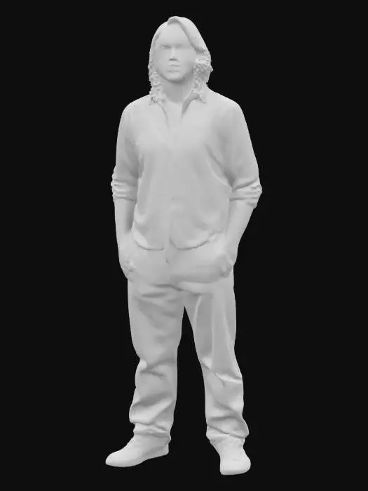 3D model for realistic charismatic man with long hair, stylish clothing with shirt and canvas pants as outfit. high quality texture, high detailed model. must have a straight posture