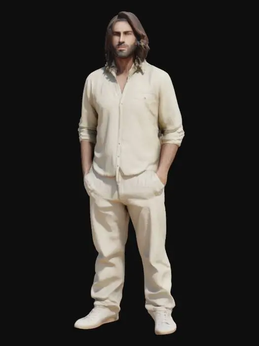3D model for realistic charismatic man with long hair, stylish clothing with shirt and canvas pants as outfit. high quality texture, high detailed model. must have a straight posture