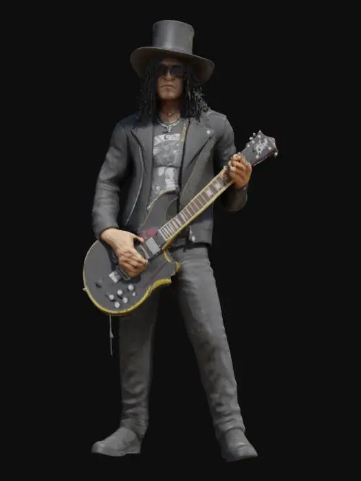 3D model for Guns N Roses legendary guitarist Slash high detail and texture, realistik figure