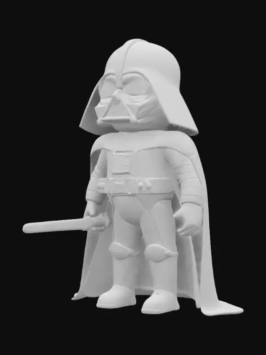 3D model for Cartoon-style Darth Vader, wearing shiny black armor with a flowing cape, chest panel with colorful buttons, wide belt, and tall boots. Oversized helmet with grill mouthpiece. Stylized plastic and leather materials. Holding a glowing red lightsaber in right hand. Cute and simplified proportions, game or animation ready.