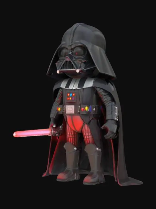 3D model for Cartoon-style Darth Vader, wearing shiny black armor with a flowing cape, chest panel with colorful buttons, wide belt, and tall boots. Oversized helmet with grill mouthpiece. Stylized plastic and leather materials. Holding a glowing red lightsaber in right hand. Cute and simplified proportions, game or animation ready.