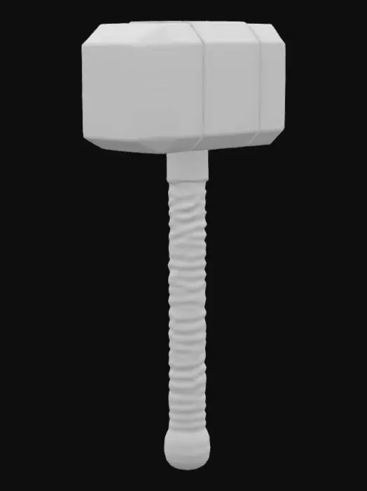 3D model for A realistic render of Mjölnir, Thor's hammer from the Marvel Cinematic Universe. Short, thick handle wrapped in brown leather, with a leather loop at the end. The hammerhead is metallic, rectangular, slightly beveled edges, engraved with Nordic runes and intricate Asgardian symbols. Surface is worn, battle-scarred, made of dull silver steel. Subtle magical blue glow around it. Dramatic lighting highlights the metal and engravings. Placed on dark stone or floating mid-air, cinematic look