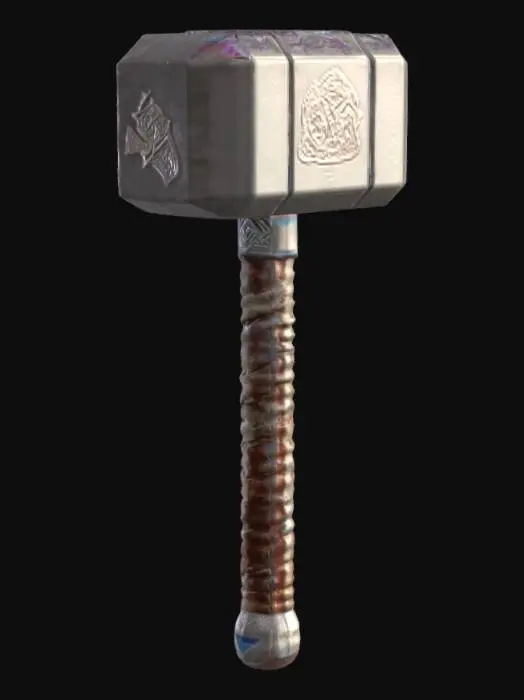 3D model for A realistic render of Mjölnir, Thor's hammer from the Marvel Cinematic Universe. Short, thick handle wrapped in brown leather, with a leather loop at the end. The hammerhead is metallic, rectangular, slightly beveled edges, engraved with Nordic runes and intricate Asgardian symbols. Surface is worn, battle-scarred, made of dull silver steel. Subtle magical blue glow around it. Dramatic lighting highlights the metal and engravings. Placed on dark stone or floating mid-air, cinematic look