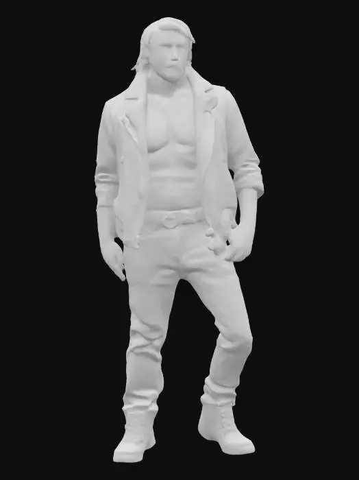 3D model for Hyper-realistic 3D male biker character, mid-30s, athletic build with defined muscles under clothing. Wears a tight black leather jacket (high-quality PBR material, glossy/sheen effects, realistic wrinkles) with silver zippers, diagonal chest zip detail, and padded shoulders. Sleeves rolled up to elbows, revealing detailed arm tattoos (tribal/skull/rose designs, black-and-gray ink style). Fitted black v-neck shirt underneath. Facial features: Rough stubble, sharp jawline, deep-set eyes (green/hazel), slight forehead scar, medium-length dark brown hair (slightly windblown). Accessories: Thin silver earring (left ear), fingerless leather gloves, ripped dark jeans, heavy black boots. Pose: Casual but intimidating—leaning against a wall, arms crossed, tattooed forearms visible.