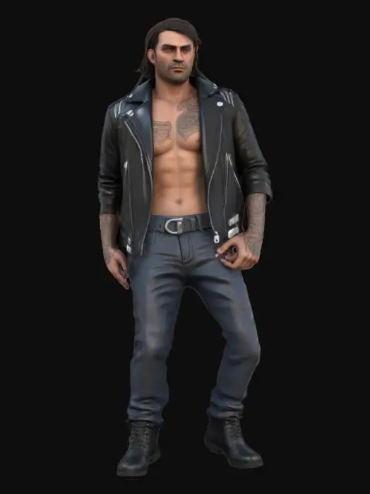 3D model for Hyper-realistic 3D male biker character, mid-30s, athletic build with defined muscles under clothing. Wears a tight black leather jacket (high-quality PBR material, glossy/sheen effects, realistic wrinkles) with silver zippers, diagonal chest zip detail, and padded shoulders. Sleeves rolled up to elbows, revealing detailed arm tattoos (tribal/skull/rose designs, black-and-gray ink style). Fitted black v-neck shirt underneath. Facial features: Rough stubble, sharp jawline, deep-set eyes (green/hazel), slight forehead scar, medium-length dark brown hair (slightly windblown). Accessories: Thin silver earring (left ear), fingerless leather gloves, ripped dark jeans, heavy black boots. Pose: Casual but intimidating—leaning against a wall, arms crossed, tattooed forearms visible.