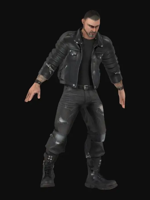 3D model for Realistic 3D male biker in T-pose (rig-friendly, slight arm bend). Outfit: Tight black leather jacket (PBR, gloss/roughness variations) with rolled sleeves showing forearm tattoos (skull/chain designs). Black shirt, ripped jeans, harness boots. Face: Stubble, sharp jawline, gray eyes, short messy hair. Topology: Clean quads, animation-ready edge loops. Textures: 4K, micro-details (leather pores, fabric weave). Style: AAA game-ready, slightly stylized. Export: FBX with UVs.