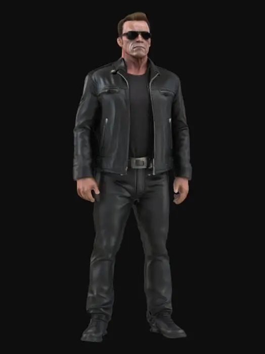 3D model for detailed and realistic 3D model of Arnold Schwarzenegger as the Terminator T-800 from the first Terminator movie (1984), wearing a black leather jacket, dark sunglasses, serious expression, standing pose