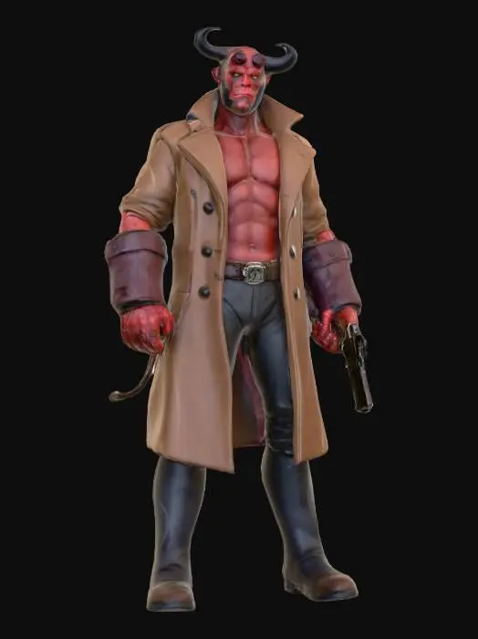 3D model for A realistic photograph of Hellboy, depicted from the waist up, facing slightly to the right with a determined, battle-hardened expression. His iconic right hand of doom is prominently featured, glowing with subtle, internal energy, while his left hand holds a smoking pistol. His large, filed-down horns are visible, and his trench coat is rendered with realistic fabric folds. The background is a clean white studio background. The overall aesthetic is hyperrealistic, with a focus on detailed textures and dramatic lighting.