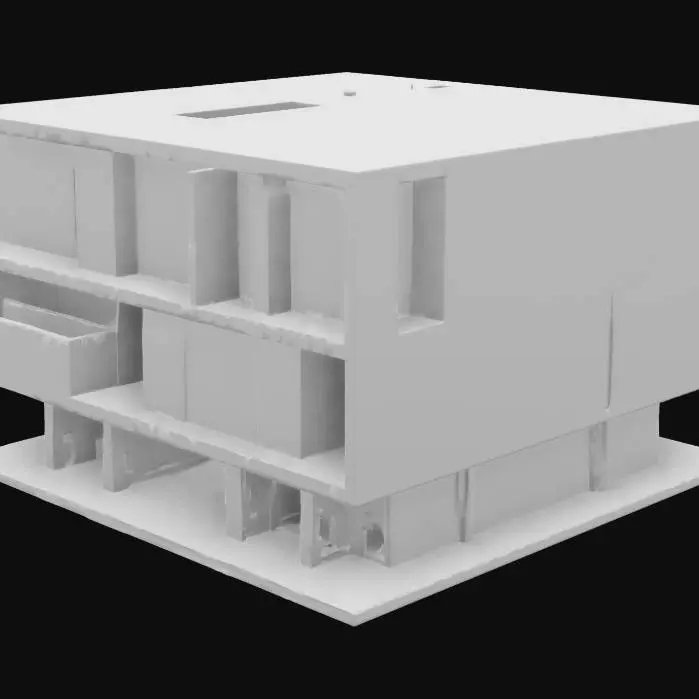 3D model for Minimalist ve modern bir bina cephesi tasarla. Yapının formu dikdörtgensel ve net hatlara sahip olmalı. Ana renk paleti beyaz, siyah ve gri tonları ile sınırlı olmalı; ancak belirli bölümlerde parlak kırmızı, mavi ve sarı vurgular eklenmeli. Cephede yatay ve dikey çizgilerle bölünmüş paneller yer almalı. Büyük cam yüzeyler ve düz duvar panelleri sade ve dengeli bir kompozisyon oluşturmalı. Geometrik hacimler dışa veya içe doğru kayarak katmanlı bir yapı hissi vermeli.