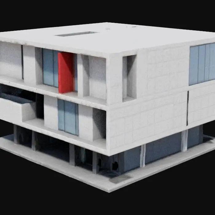 3D model for Minimalist ve modern bir bina cephesi tasarla. Yapının formu dikdörtgensel ve net hatlara sahip olmalı. Ana renk paleti beyaz, siyah ve gri tonları ile sınırlı olmalı; ancak belirli bölümlerde parlak kırmızı, mavi ve sarı vurgular eklenmeli. Cephede yatay ve dikey çizgilerle bölünmüş paneller yer almalı. Büyük cam yüzeyler ve düz duvar panelleri sade ve dengeli bir kompozisyon oluşturmalı. Geometrik hacimler dışa veya içe doğru kayarak katmanlı bir yapı hissi vermeli.