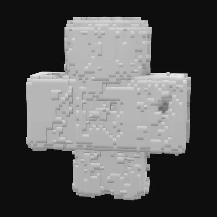 3D model for roblox player model, simple cubes, yellow body and arms, blue torso, and green pants, head has simple smiley face