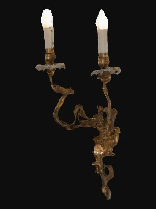 3D model for Ornate, scrolling brass wall sconce with two electric fake candles holders. Ethereal Elegance, Patinated, aged brass with intricate floral and foliate details