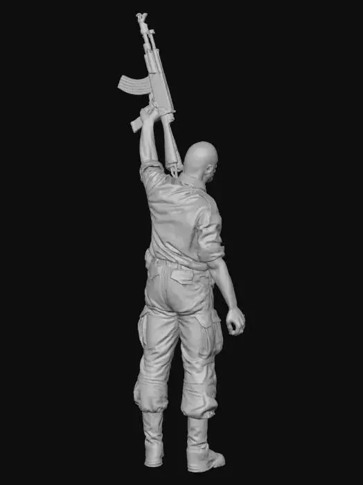 3D model for A Nigerian man seen from behind holding an AK-47 in the air
