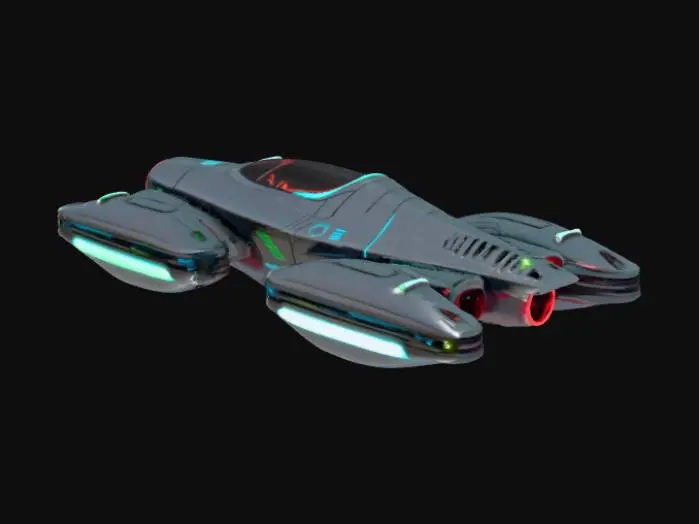 3D model for A futuristic Tron-inspired hoverbike with a sleek aerodynamic design, hovering engines instead of wheels, glowing neon light strips across the body, modular color options (neon blue, neon red, neon green), metallic chrome and matte black surfaces, sci-fi details like vents, holographic dashboard, and anti-gravity thrusters. Highly detailed, game-ready, PBR textures, cinematic lighting, symmetrical, perfect proportions.
