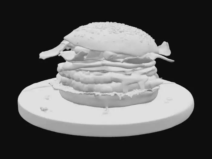 3D model for #food#, Hyper realistic 3D model of a gourmet burger served on a rustic wooden board, sesame bun lightly toasted with gloss, double beef patty cooked medium rare, melted cheddar cheese dripping, crispy bacon slices, fresh lettuce, tomato and red onion rings, caramelized onions, a dollop of aioli sauce, ketchup glaze, side of golden crispy fries with sprinkle of sea salt, small bowl of dipping sauce, warm dramatic lighting with soft shadows, detailed textures (bun pores, juicy meat, sheen on sauce), slight steam/fog effect to emphasize freshness
#food