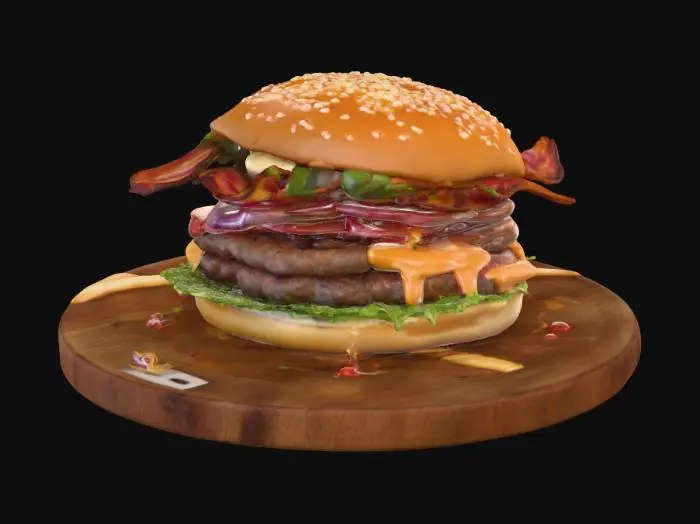 3D model for #food#, Hyper realistic 3D model of a gourmet burger served on a rustic wooden board, sesame bun lightly toasted with gloss, double beef patty cooked medium rare, melted cheddar cheese dripping, crispy bacon slices, fresh lettuce, tomato and red onion rings, caramelized onions, a dollop of aioli sauce, ketchup glaze, side of golden crispy fries with sprinkle of sea salt, small bowl of dipping sauce, warm dramatic lighting with soft shadows, detailed textures (bun pores, juicy meat, sheen on sauce), slight steam/fog effect to emphasize freshness
#food