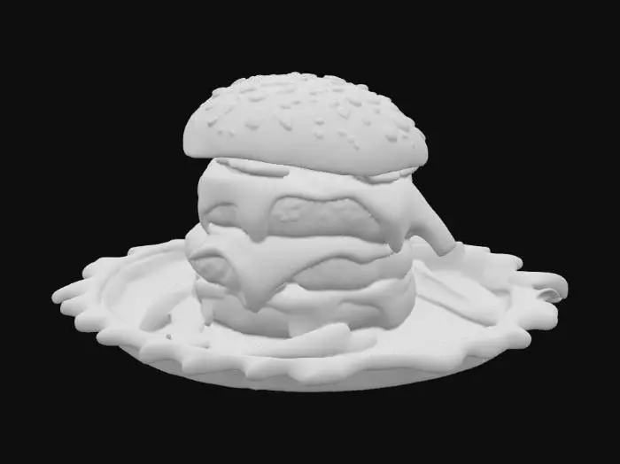 3D model for #food#, 3D model of a dark fantasy cursed burger, black charcoal sesame bun with glowing red sesame seeds, beef patty with a fiery glow inside, melted cheese glowing like magma, dripping neon red sauce, smoky aura rising, fries on the side shaped like glowing runes, served on a volcanic stone plate with red cracks, dramatic lighting, eerie magical energy, ultra detailed textures
#food

