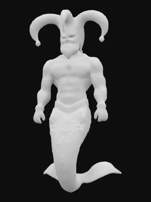 3D model for This statue depicts a merman with an intricate jester hat and ornate jewelry, featuring a muscular torso and a colorful diamond-patterned tail with a textured, shimmering finish., 