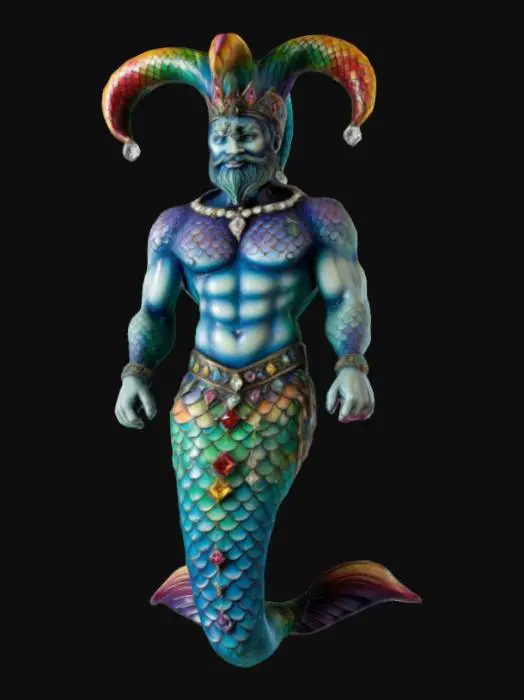 3D model for This statue depicts a merman with an intricate jester hat and ornate jewelry, featuring a muscular torso and a colorful diamond-patterned tail with a textured, shimmering finish., 