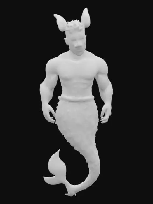 3D model for a realistic  handsome merMAN holding out his right hand featuring  easter bunny ears , a cottontail and  pastel colors for the scales