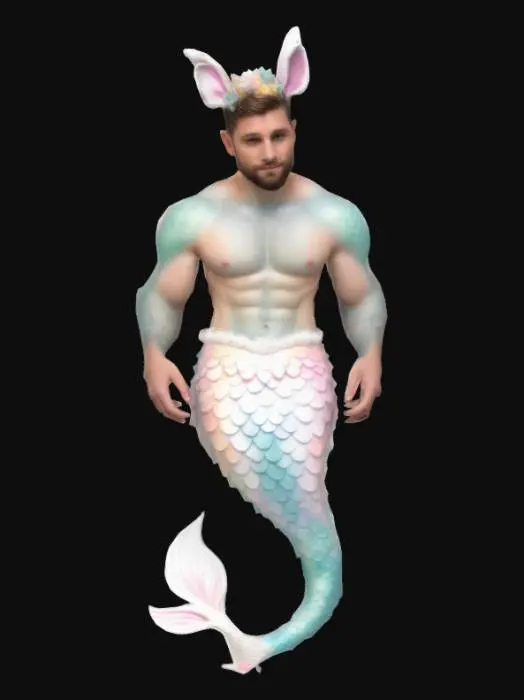 3D model for a realistic  handsome merMAN holding out his right hand featuring  easter bunny ears , a cottontail and  pastel colors for the scales
