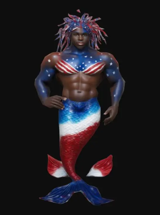 3D model for handsome fourth of july African merman featuring upper human body with fish tail the colors of red white and blue