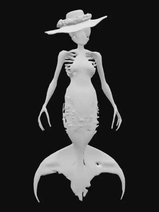 3D model for create a realistic handsome Day of the Dead sugar skull male merman wearing a black hat with  red roses  and a red and  black fish tail lower body