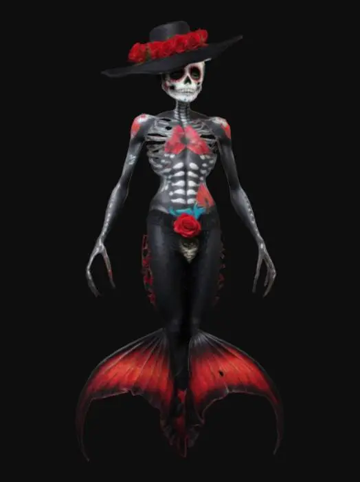 3D model for create a realistic handsome Day of the Dead sugar skull male merman wearing a black hat with  red roses  and a red and  black fish tail lower body