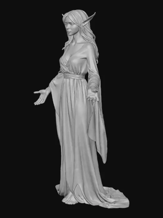 3D model for A slender, high-fantasy elf in a graceful, ethereal pose, adorned in flowing garments of soft, shimmering satin. The fabric possesses a smooth, luxurious texture with subtle translucent elements, catching light with a pearlescent sheen. Delicate embroidery adorns the light, pastel-toned fabric. Its structure emphasizes elegant, elongated lines, highlighting pointed ears and serene features.