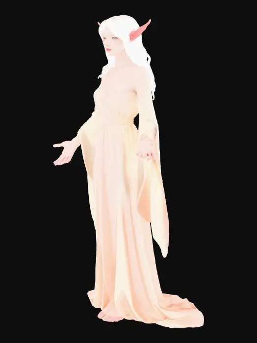 3D model for A slender, high-fantasy elf in a graceful, ethereal pose, adorned in flowing garments of soft, shimmering satin. The fabric possesses a smooth, luxurious texture with subtle translucent elements, catching light with a pearlescent sheen. Delicate embroidery adorns the light, pastel-toned fabric. Its structure emphasizes elegant, elongated lines, highlighting pointed ears and serene features.