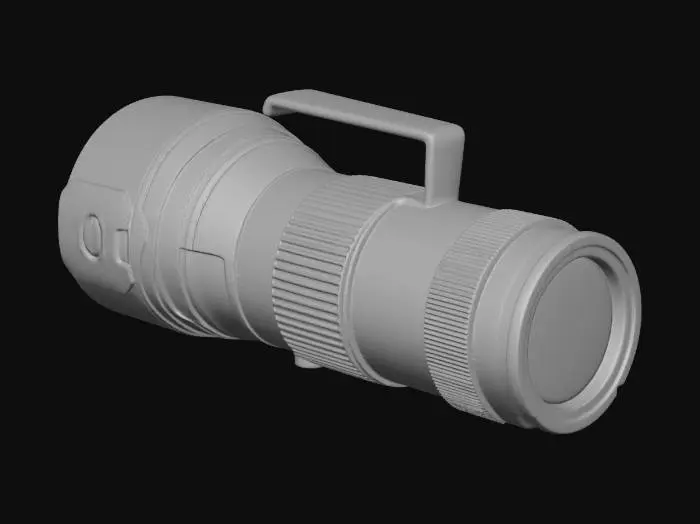 3D model for A hyper-realistic, vintage heavy-duty metal flashlight (Maglite style). Dark matte black aluminum body with heavy scratches, chipped paint, and visible oxidation. The lens is slightly cracked with grime around the edges. Detailed knurling texture on the handle for grip. Industrial aesthetic, weathered by years of use in a damp environment. 8k resolution, PBR textures, cinematic realism, survival horror asset.