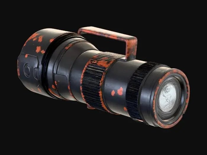 3D model for A hyper-realistic, vintage heavy-duty metal flashlight (Maglite style). Dark matte black aluminum body with heavy scratches, chipped paint, and visible oxidation. The lens is slightly cracked with grime around the edges. Detailed knurling texture on the handle for grip. Industrial aesthetic, weathered by years of use in a damp environment. 8k resolution, PBR textures, cinematic realism, survival horror asset.