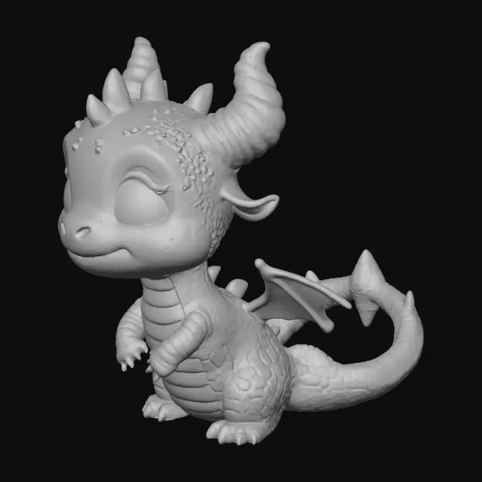 3D model for A super cute baby dragon designed like a stylized collectible desk figure. Big glossy eyes with reflections, slightly oversized head, soft chubby body, tiny wings, and small horns. Its pose is playful or curious, sitting or standing with a slight tilt. The dragon has detailed scales, glowing eye highlights, and a gentle smile or mischievous expression. Stylized proportions similar to chibi toys. Ultra High detailed. Magical, lovable, and eye-catching