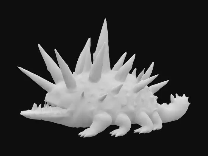 3D model for A detailed 3D concept of a colossal blue‑crystal slug with an elongated, glistening slime‑coated body. Its form is studded with sleek, knife‑shaped crystal spikes, and three faceted blade‑like eyes peer forward. Instead of teeth, its clean, geometric mouth features serrated crystal edges. On its back rests a compact cybernetic launcher, configured with a single slender bone‑style harpoon. Every surface blends slick ooze with biomechanical plating, creating an eerie fusion of organic and futuristic design.
