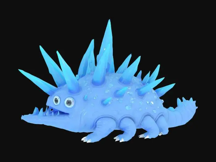 3D model for A detailed 3D concept of a colossal blue‑crystal slug with an elongated, glistening slime‑coated body. Its form is studded with sleek, knife‑shaped crystal spikes, and three faceted blade‑like eyes peer forward. Instead of teeth, its clean, geometric mouth features serrated crystal edges. On its back rests a compact cybernetic launcher, configured with a single slender bone‑style harpoon. Every surface blends slick ooze with biomechanical plating, creating an eerie fusion of organic and futuristic design.
