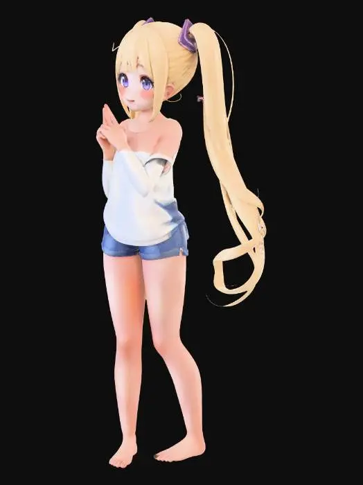 3D model for A stunning anime girl with long flowing silver twin-tails, big sparkling violet eyes, playful mischievous smile, blushing cheeks, leaning forward slightly with one finger to her lips, anime style inspired by modern waifu art