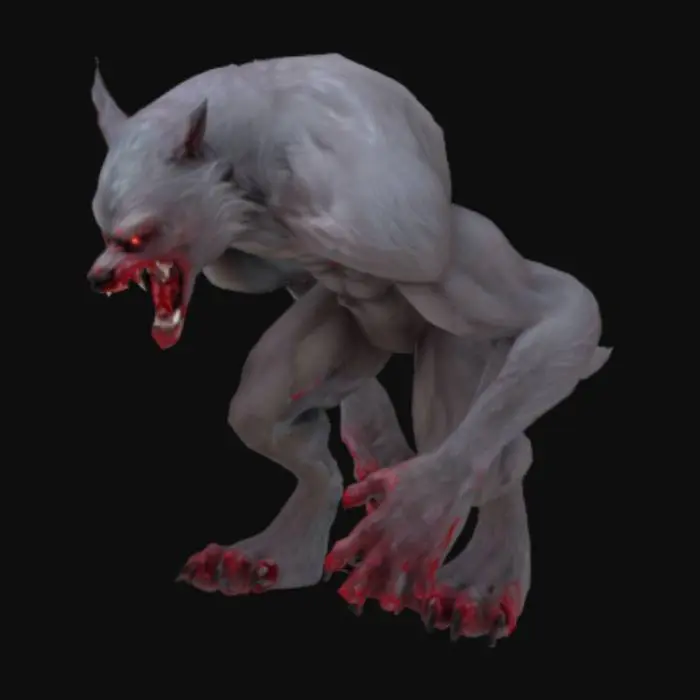 3D model for A werewolf, covered in fur, his teeth huge and sharp and covered in red paint